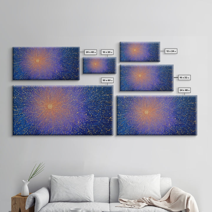 Golden Starburst Blue Wave Wall Art, Cosmic Abstract Digital Print, Modern Wall Decor, Vibrant Space Poster For Living Room