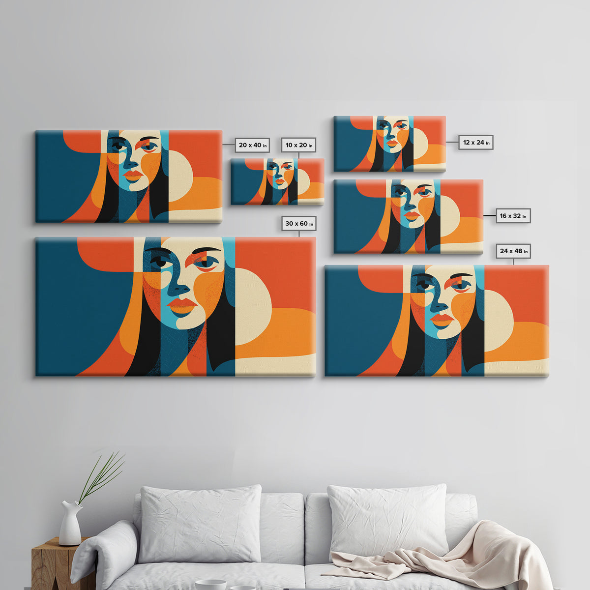 Geometric Woman Face Canvas Print, Midcentury Modern Abstract Art, Orange Teal Wall Decor, Retro MCM Home Decor Poster Gift