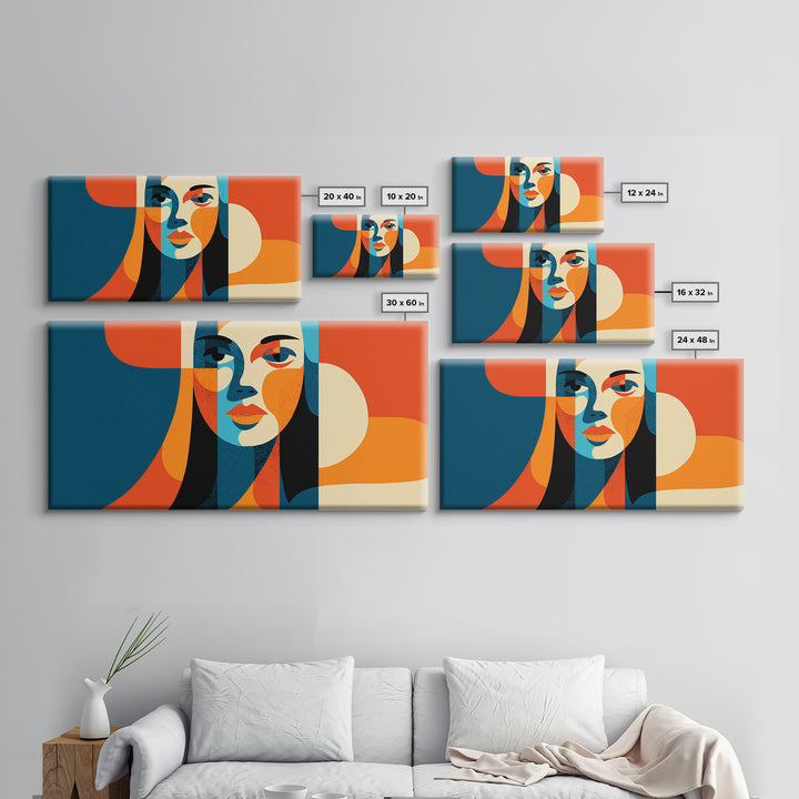Geometric Woman Face Canvas Print, Midcentury Modern Abstract Art, Orange Teal Wall Decor, Retro MCM Home Decor Poster Gift