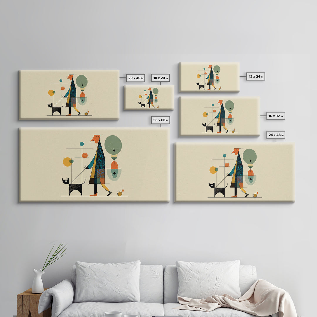 Whimsical Dog Walker Canvas Print, Midcentury Modern Minimal Art, Atomic MCM Wall Decor, Scandinavian Home Art Print Poster
