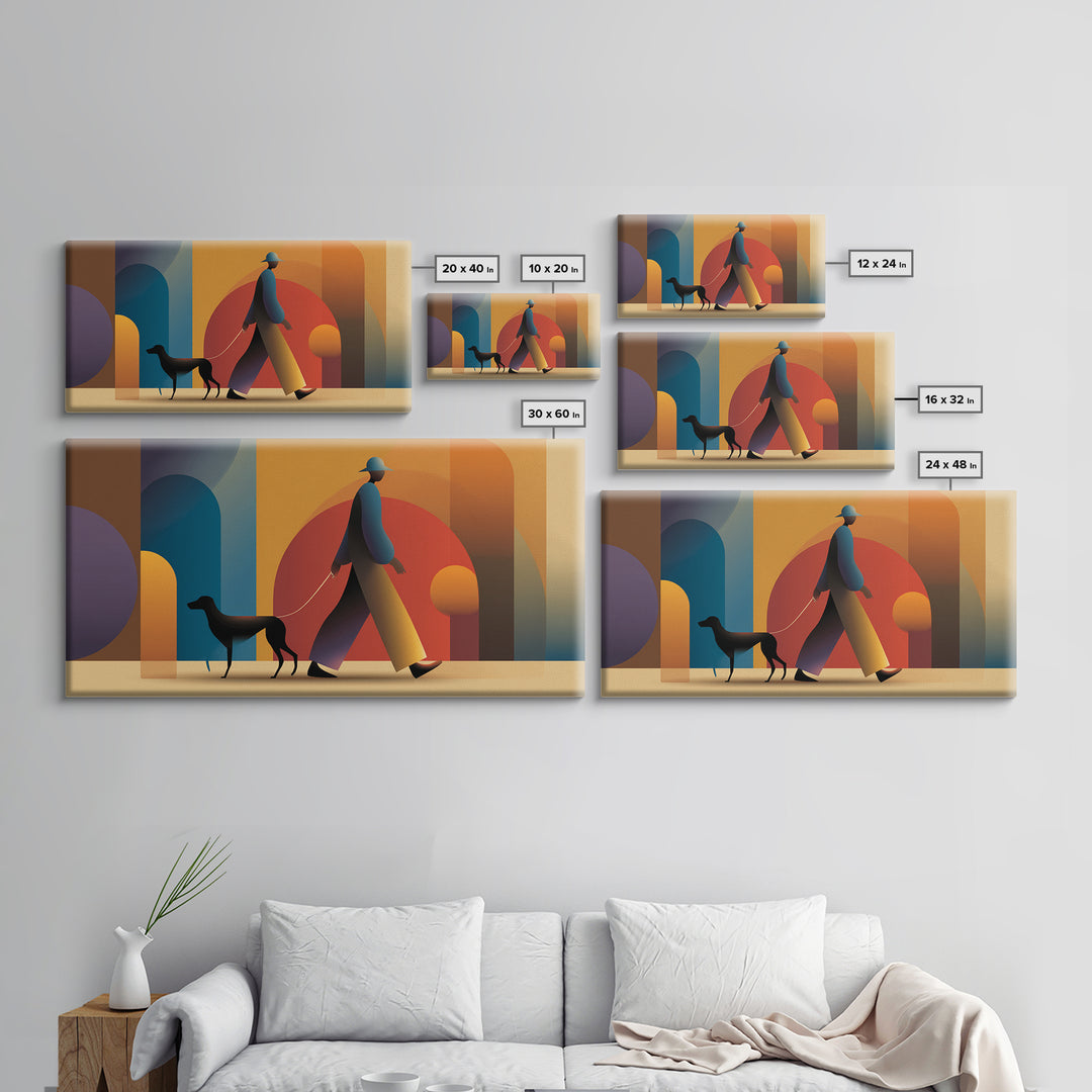 Sunset Dog Walker Framed Canvas Print, Midcentury Modern Wall Art, Retro Arches Decor, Warm Orange Living Room Print Poster