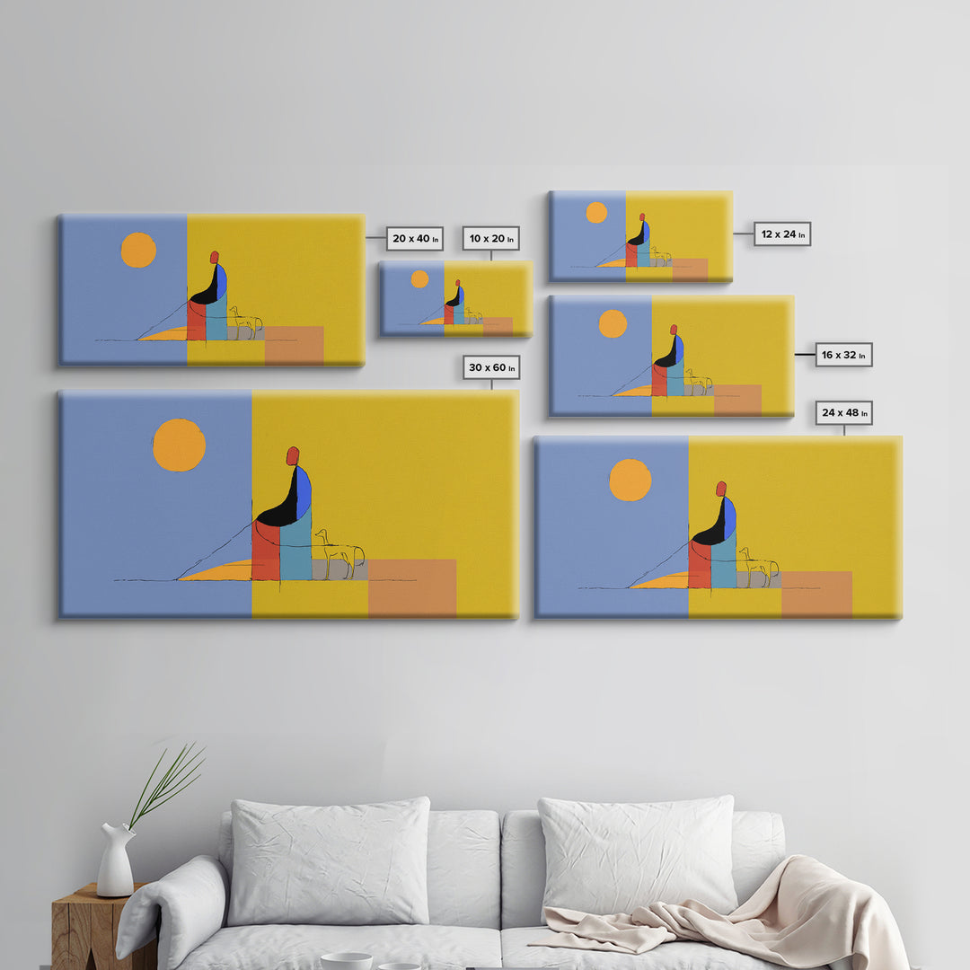Minimal Yellow Blue Dog Walker Wall Art, Midcentury Modern Abstract Print, Scandinavian Decor, Geometric Home Art Poster