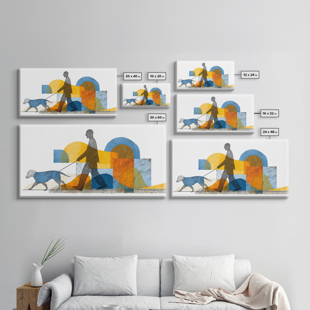 Silhouette Dog Walker Canvas Print, Midcentury Modern Wall Art, Blue Orange Geometric Decor, Minimalist Living Room Art Poster