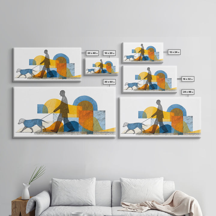 Silhouette Dog Walker Canvas Print, Midcentury Modern Wall Art, Blue Orange Geometric Decor, Minimalist Living Room Art Poster