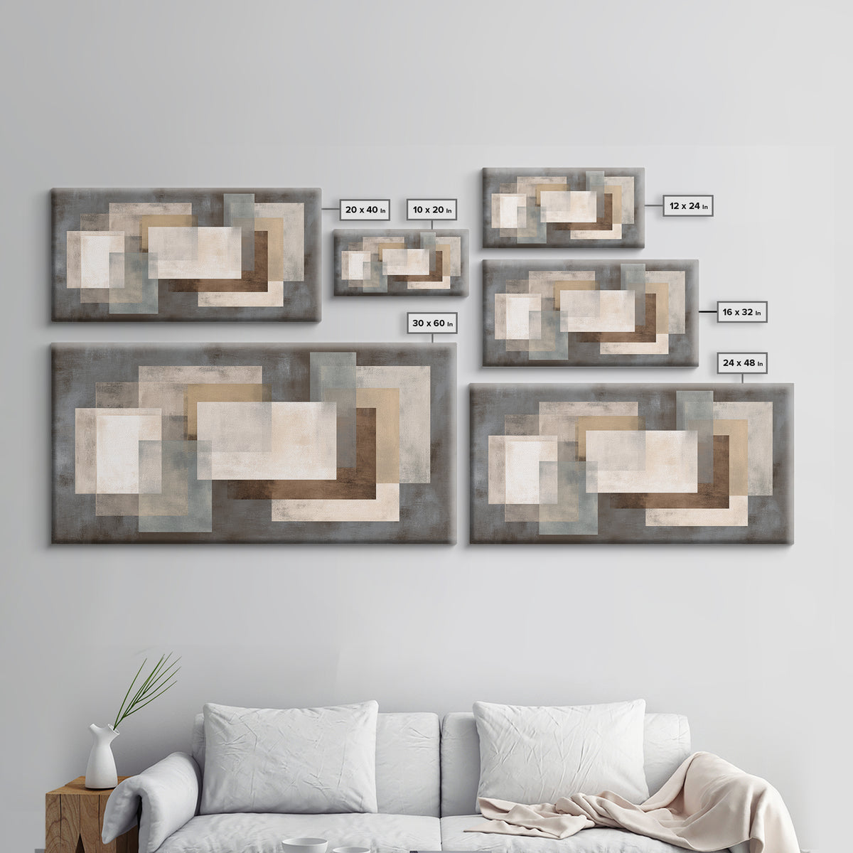 Neutral Beige Gray Layered Rectangles Framed Canvas Print, Modern Abstract Wall Art, Minimalist Living Room Home Decor Print