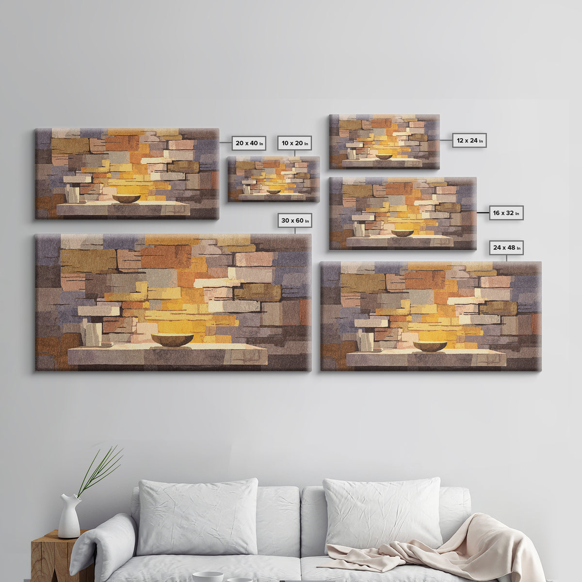 Abstract Stone Fireplace Wall Art, Midcentury Modern Home Decor, Warm Geometric Canvas Print, Cozy Living Room Artwork Poster