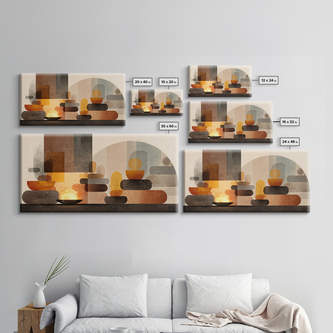 Warm Stacked Abstract Shapes With Arches, Midcentury Modern Wall Art, Earth Tone Retro Decor, Large Canvas Print, Living Room Home Decor