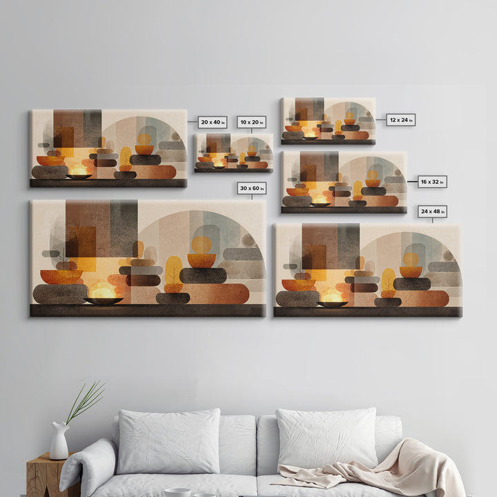 Warm Stacked Abstract Shapes With Arches, Midcentury Modern Wall Art, Earth Tone Retro Decor, Large Canvas Print, Living Room Home Decor