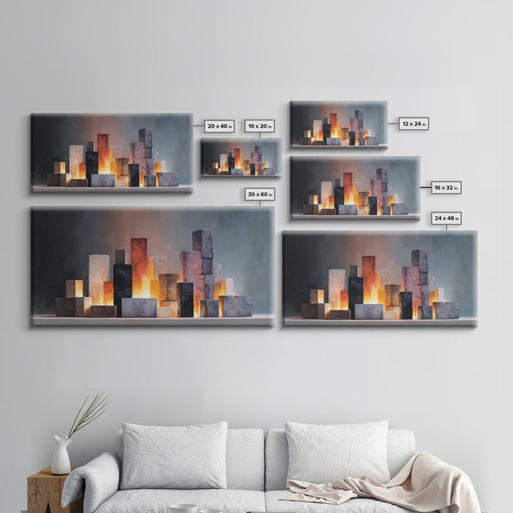 Glowing Stone Block Skyline At Dusk, Framed Canvas Print, Modern Abstract Art, Office Wall Decor, Neutral Home Decor, Living Room Art
