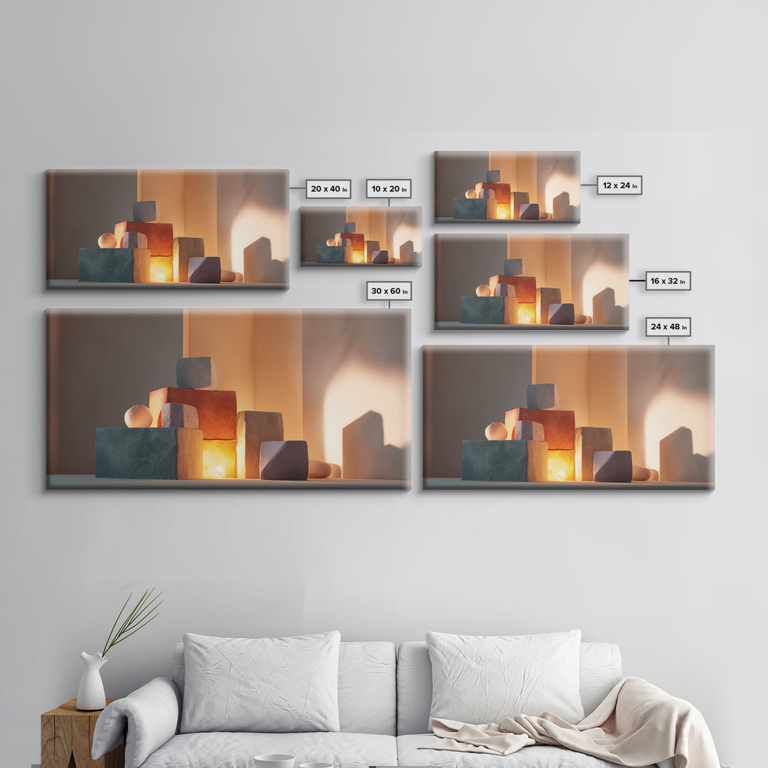 Sunlit Minimal Stone Blocks And Soft Shadows, Framed Canvas Print, Modern Wall Art, Neutral Decor, Bedroom Art Print, Home Office Decor