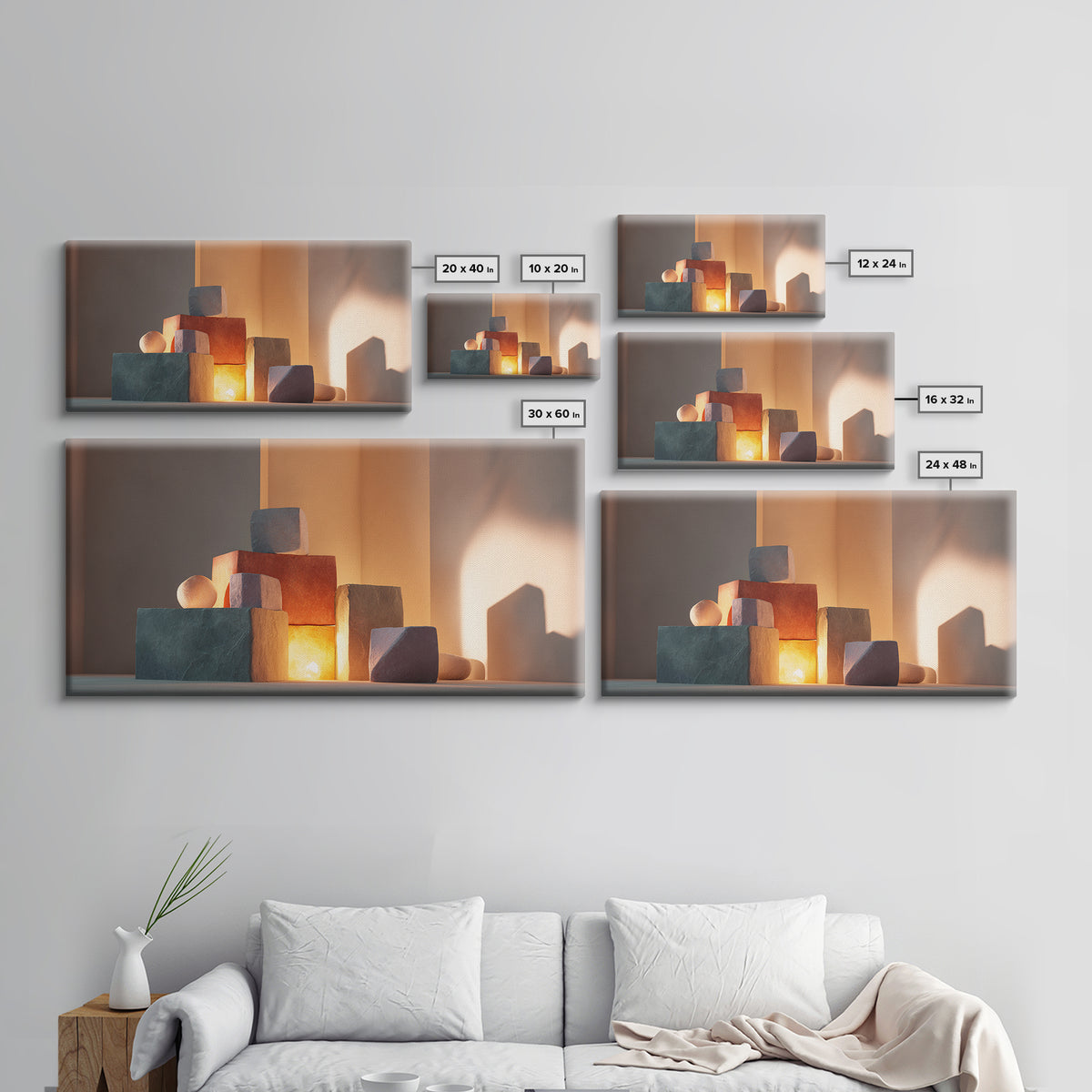 Sunlit Minimal Stone Blocks And Soft Shadows, Framed Canvas Print, Modern Wall Art, Neutral Decor, Bedroom Art Print, Home Office Decor