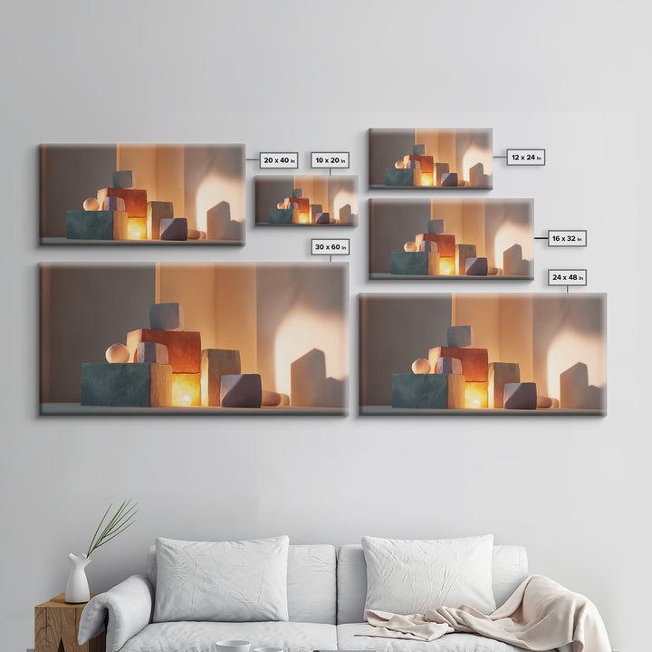 Sunlit Minimal Stone Blocks And Soft Shadows, Framed Canvas Print, Modern Wall Art, Neutral Decor, Bedroom Art Print, Home Office Decor