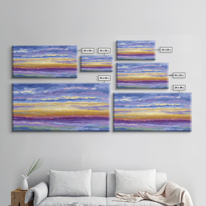 Soft Cloudy Sunset Sky Canvas Print, Pastel Blue Lavender Wall Art, Modern Nature Landscape, Calm Bedroom Decor, Office Decor