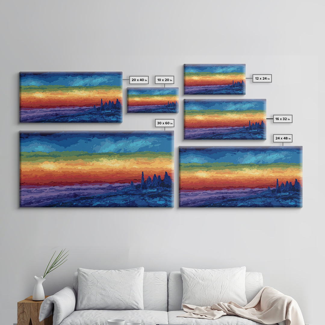 Dramatic Lake Sunset With Pine Silhouettes Framed Canvas Print, Blue Orange Landscape Wall Art, Rustic Cabin Decor, Lake House Decor