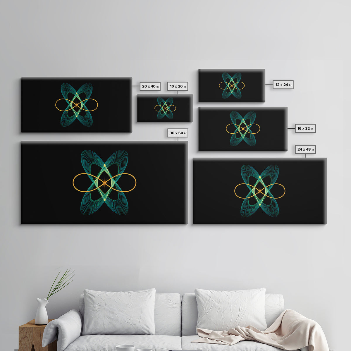 Teal And Gold Orbital Wave Lines Wall Art, Atomic Midcentury Modern Abstract Print, Black Retro Space Poster, Office Decor
