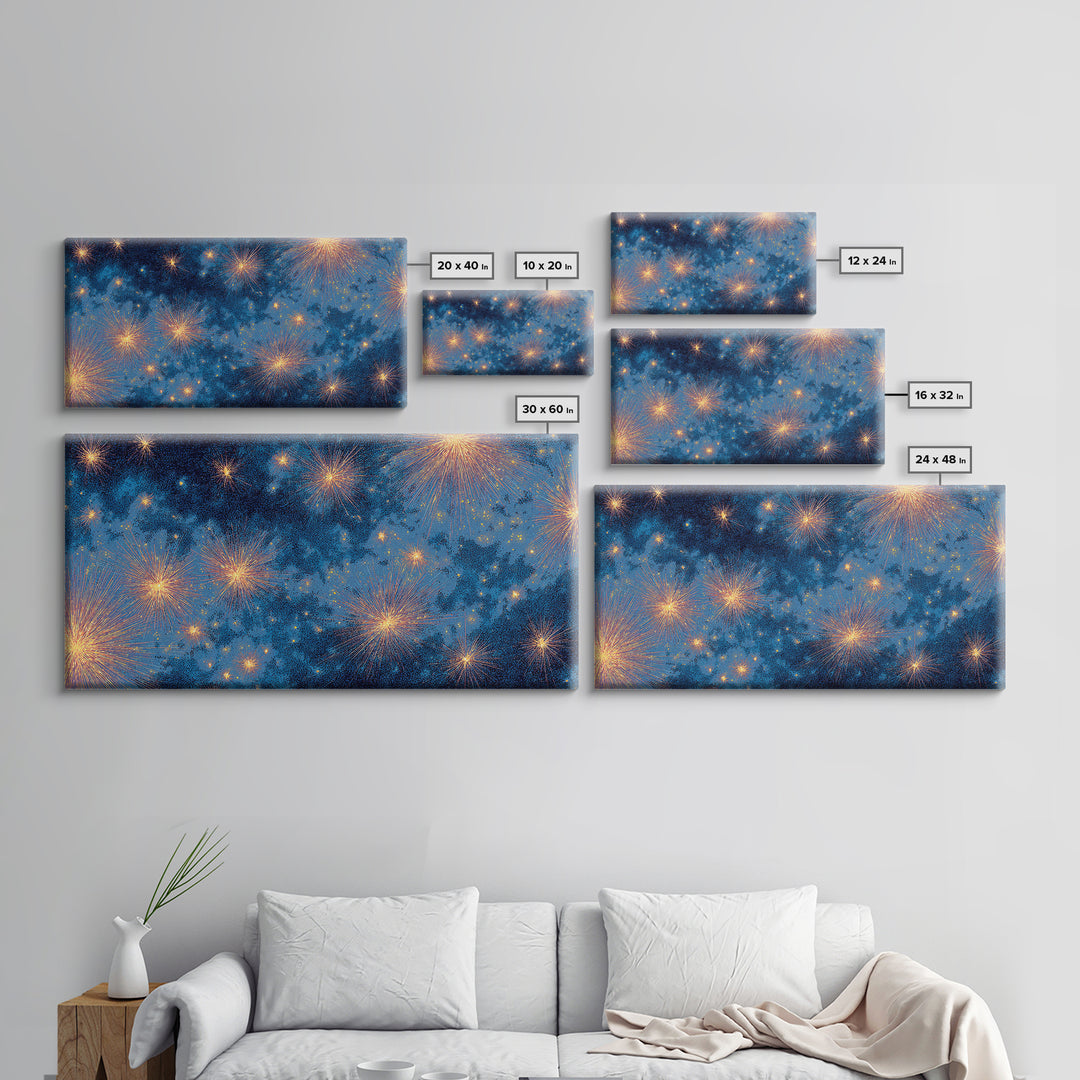 Blue Cloudy Fireworks Night Sky Canvas Print, Celestial Space Wall Art, Gold Stars Modern Decor For Bedroom Or Office Decor