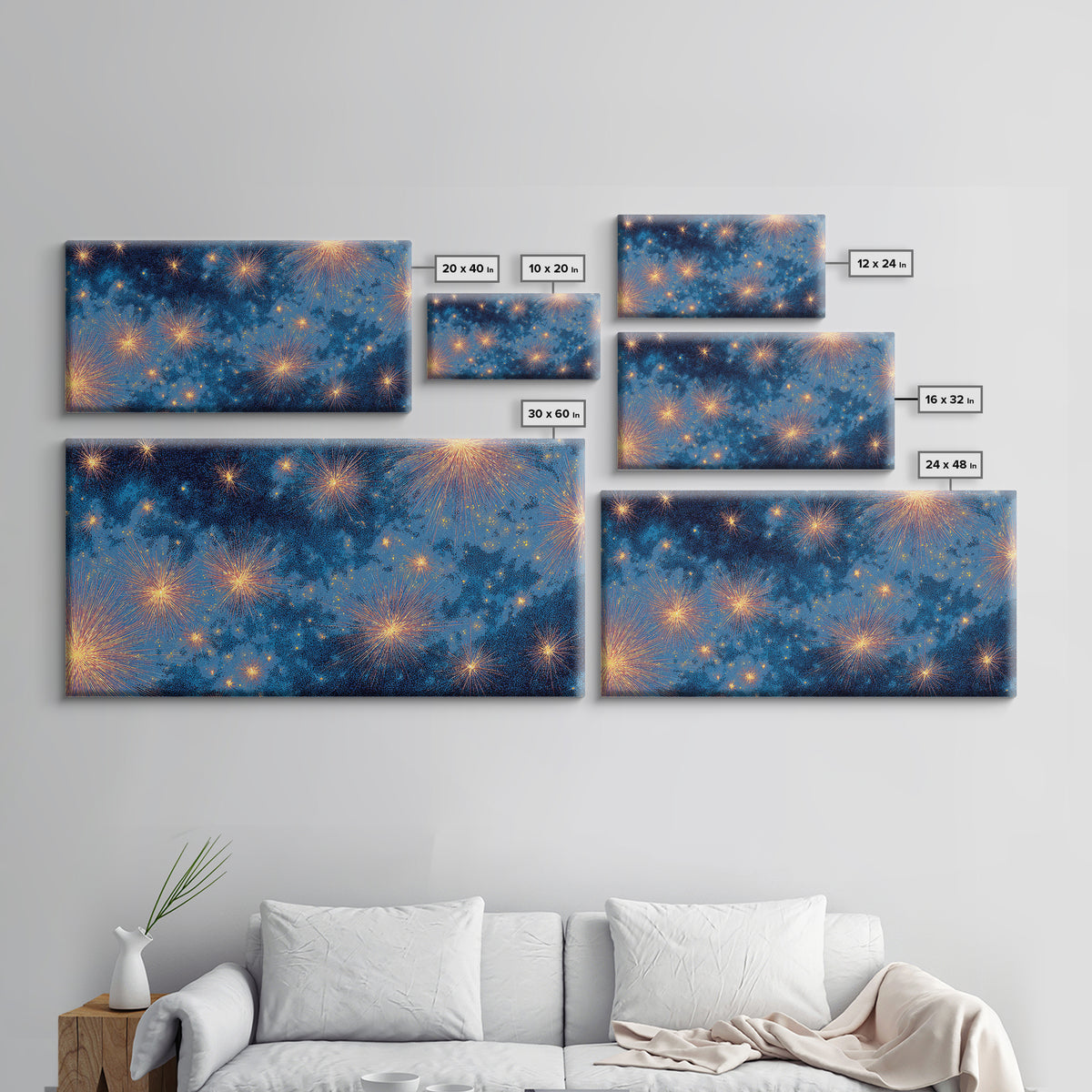 Blue Cloudy Fireworks Night Sky Canvas Print, Celestial Space Wall Art, Gold Stars Modern Decor For Bedroom Or Office Decor