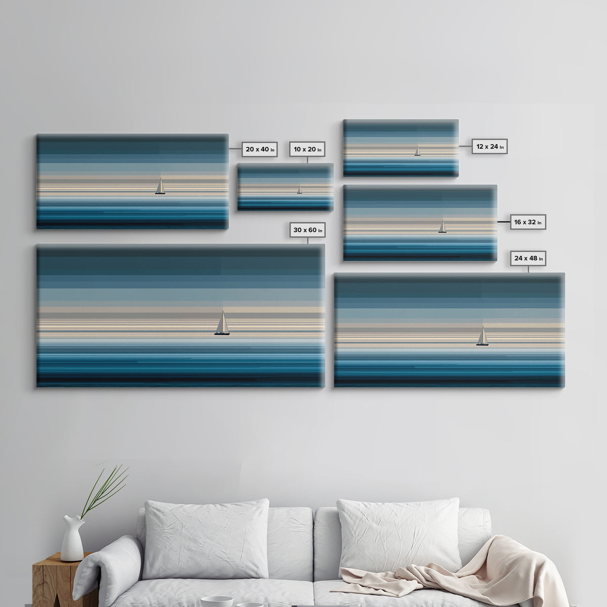 Minimal Sailboat Horizon Wall Art, Blue Ocean Seascape Print, Coastal Modern Wall Decor, Nautical Living Room Artwork Print