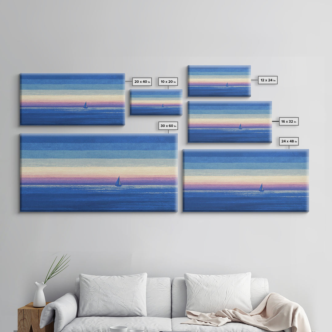 Blue Textured Sailboat Canvas Print, Ocean Sunset Seascape Wall Decor, Coastal Landscape Art For Bedroom And Lake House Decor