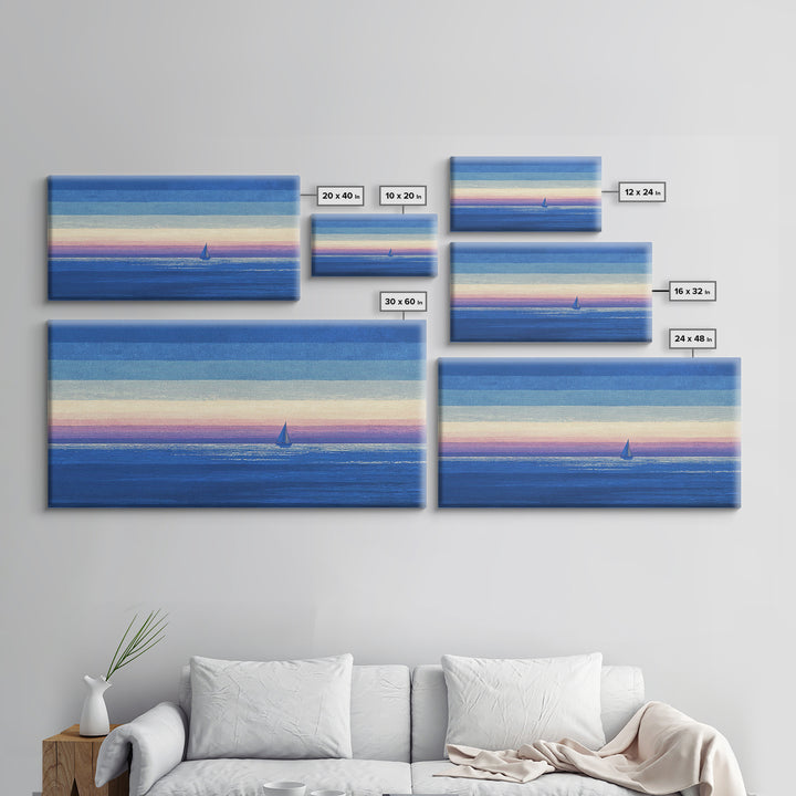 Blue Textured Sailboat Canvas Print, Ocean Sunset Seascape Wall Decor, Coastal Landscape Art For Bedroom And Lake House Decor