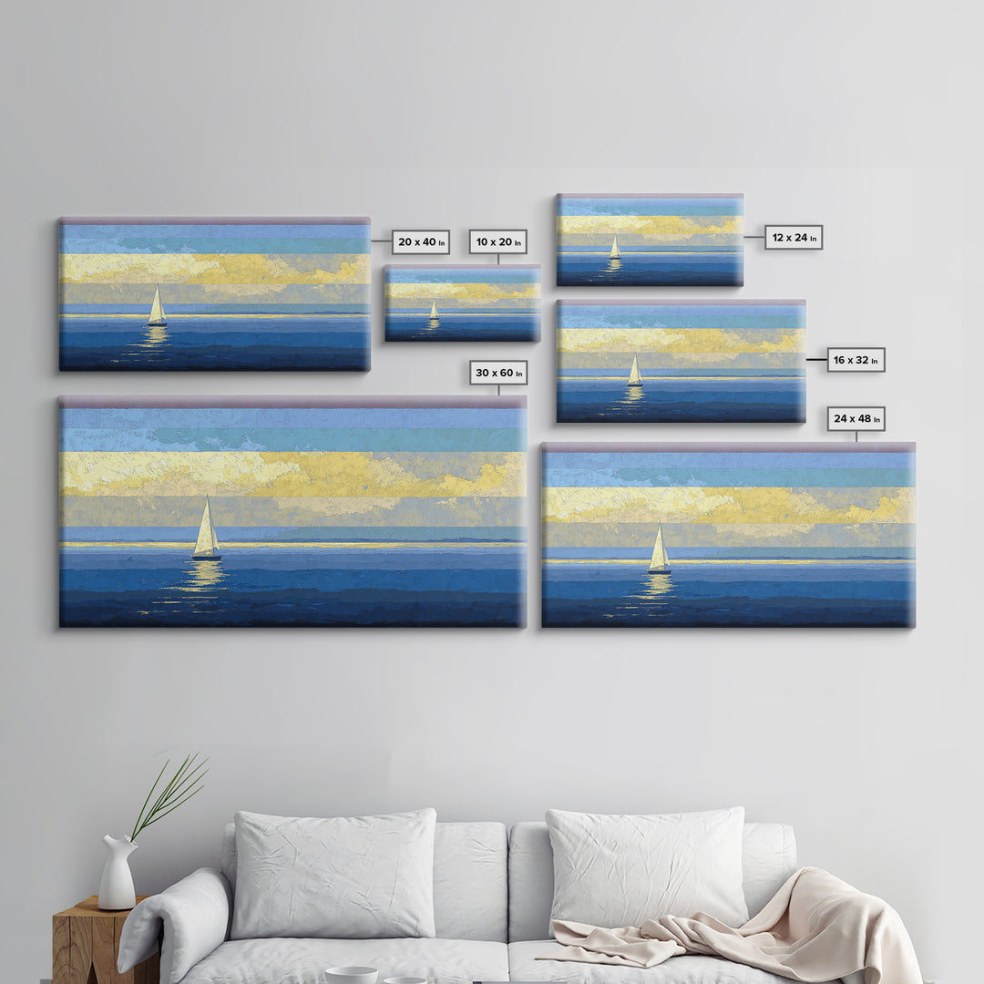 Sunlit Sailboat Seascape Framed Canvas Print, Blue Coastal Wall Art, Nautical Lake House Decor, Modern Ocean Artwork Print