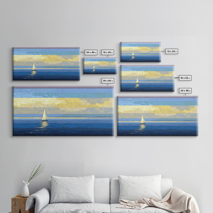 Sunlit Sailboat Seascape Framed Canvas Print, Blue Coastal Wall Art, Nautical Lake House Decor, Modern Ocean Artwork Print