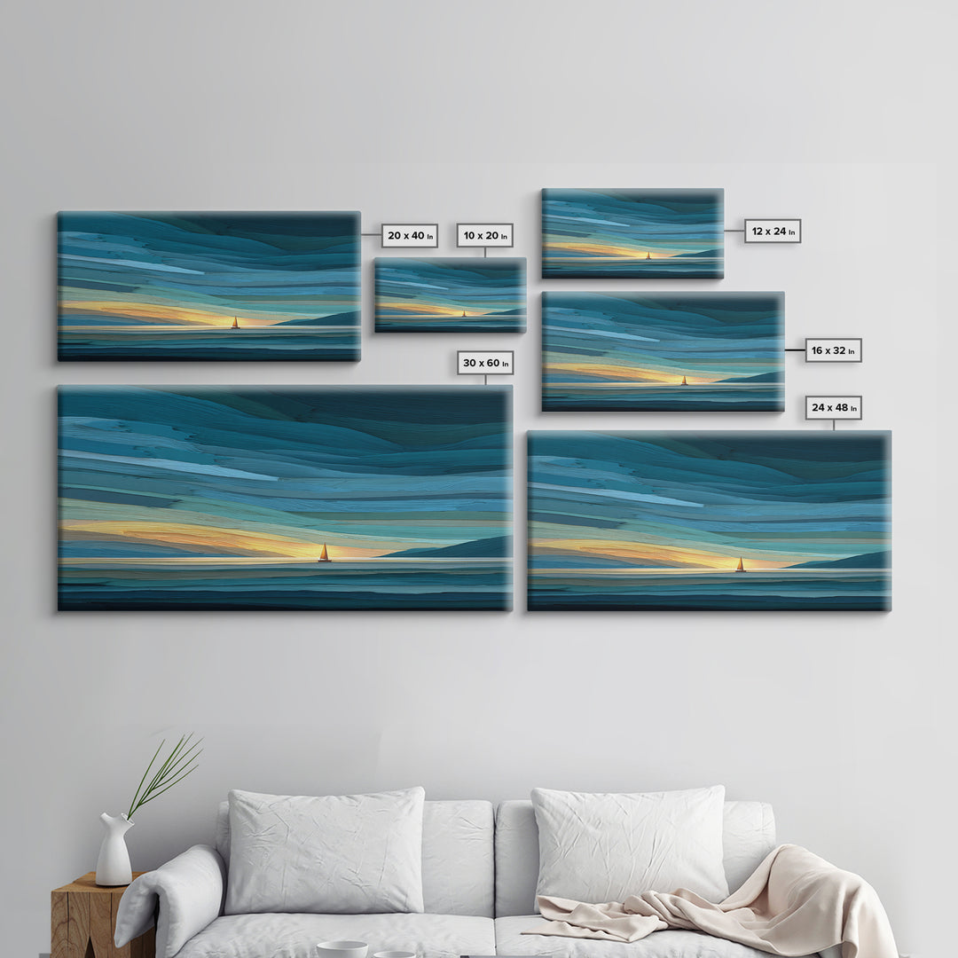 Teal Sunset Sailboat Wall Art, Dramatic Ocean Seascape Print, Coastal Modern Decor, Nautical Lake House Canvas Artwork Print