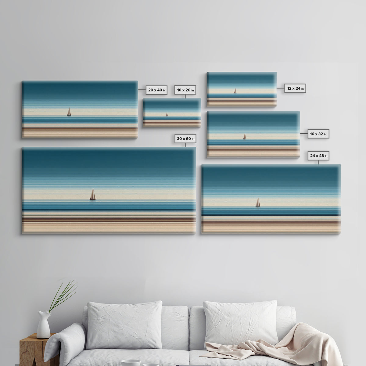 Minimalist Sailboat Horizon Canvas Print, Blue Beige Coastal Wall Art, Modern Nautical Decor For Living Room And Office Decor