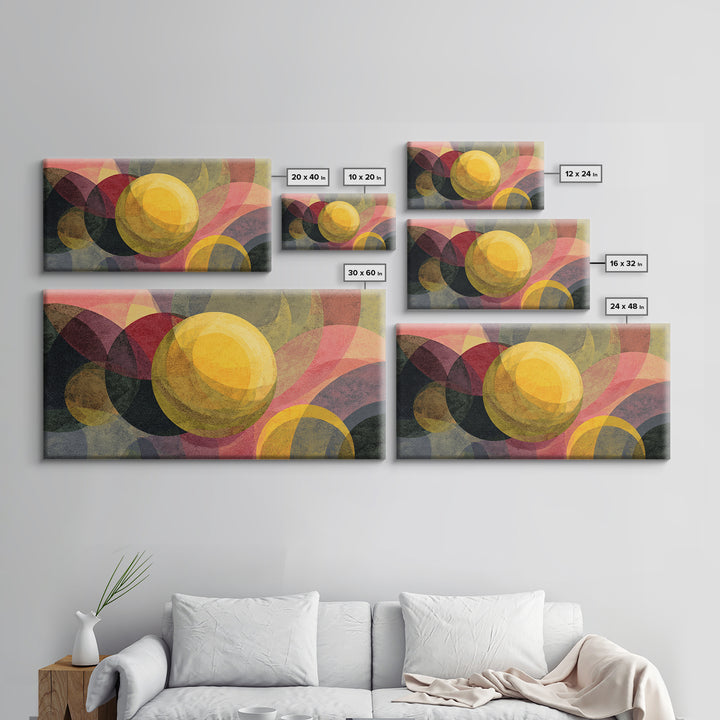 Layered Circles And Golden Orb Wall Art, Midcentury Modern Abstract Art, Retro Geometric Poster, Bold MCM Living Room Decor