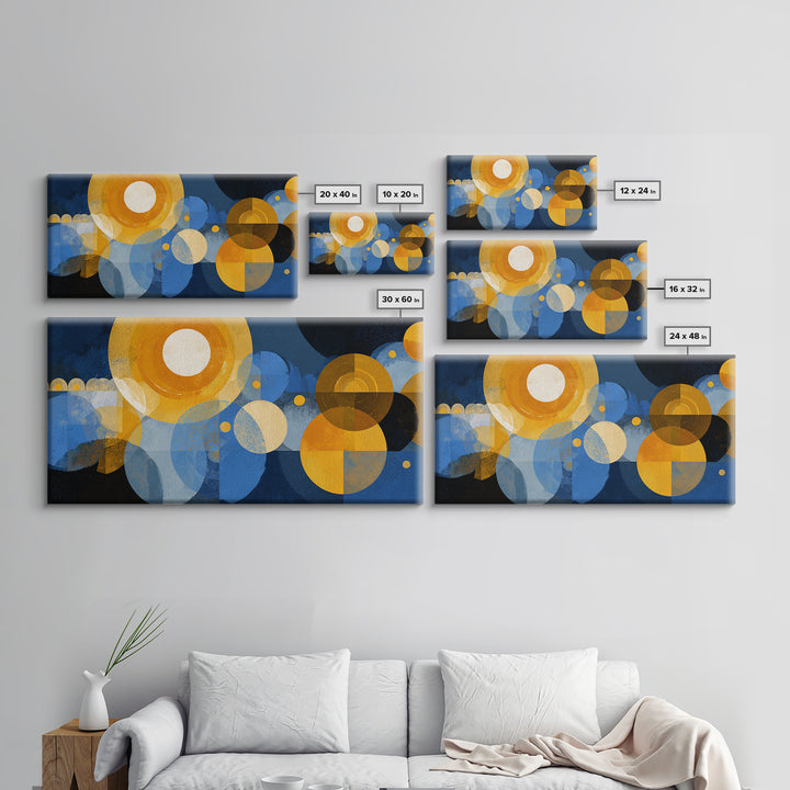 Blue Gold Atomic Circles Canvas Print, Midcentury Modern Wall Art, Geometric Abstract Poster, Retro Office Decor, MCM Home Art