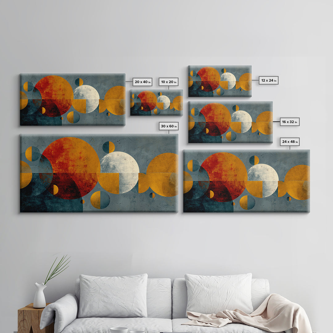Orange Moon And White Circle Wall Art, Midcentury Modern Abstract Print, Atomic Geometric Decor, Retro Living Room Poster