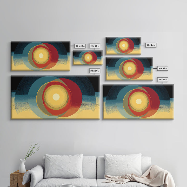 Glowing Concentric Sun Wall Art, Midcentury Modern Canvas Print, Retro Geometric Poster, Atomic Horizon Home Office Decor