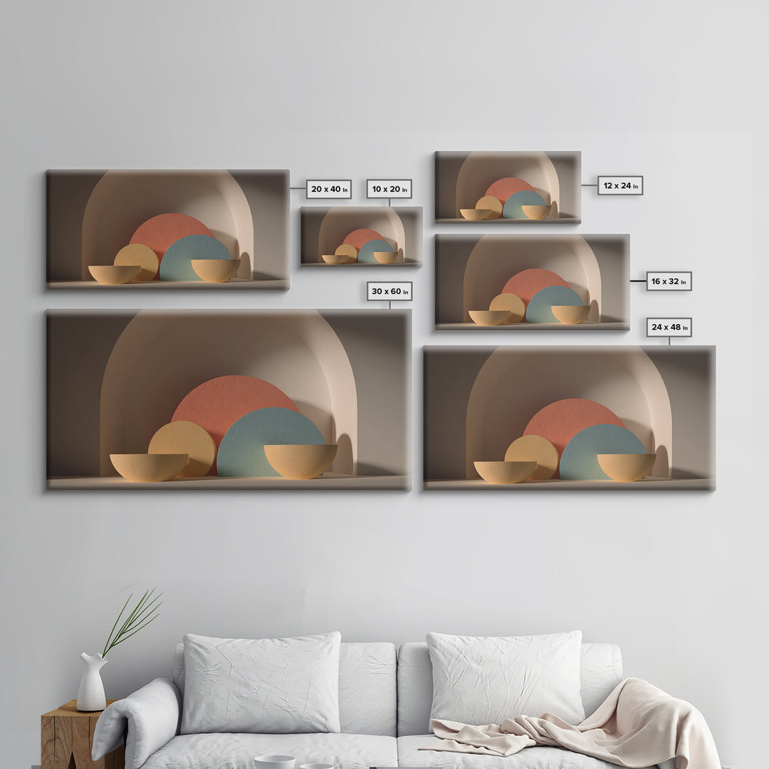 Minimalist Bowls In Arched Alcove Framed Canvas Print, Midcentury Modern Wall Art, Neutral Boho Decor, MCM Still Life Art