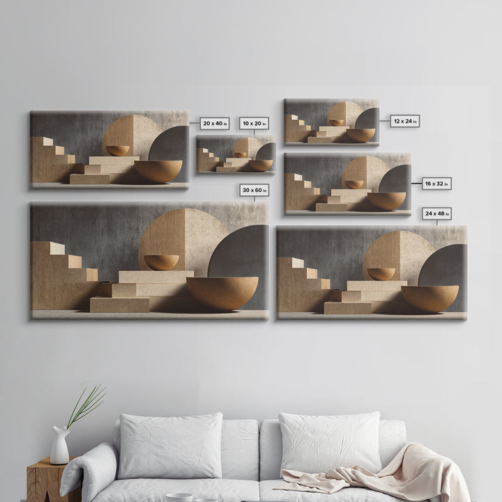 Architectural Stairs And Stone Bowls Wall Art, Framed Canvas Print, Midcentury Modern Decor, Neutral Abstract Home Office Art