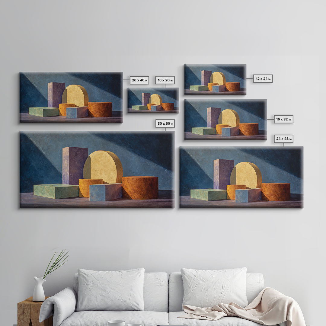 Colorful Blocks And Cylinders Still Life Wall Art, Framed Canvas Print, Modern Abstract Decor, Gallery Wall Office Poster