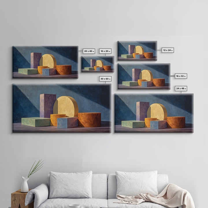 Colorful Blocks And Cylinders Still Life Wall Art, Framed Canvas Print, Modern Abstract Decor, Gallery Wall Office Poster