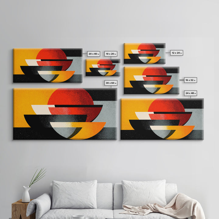 Red Sun And Black Bowls Wall Art, Midcentury Modern Canvas Print, Retro Geometric Abstract Poster, Orange MCM Home Decor