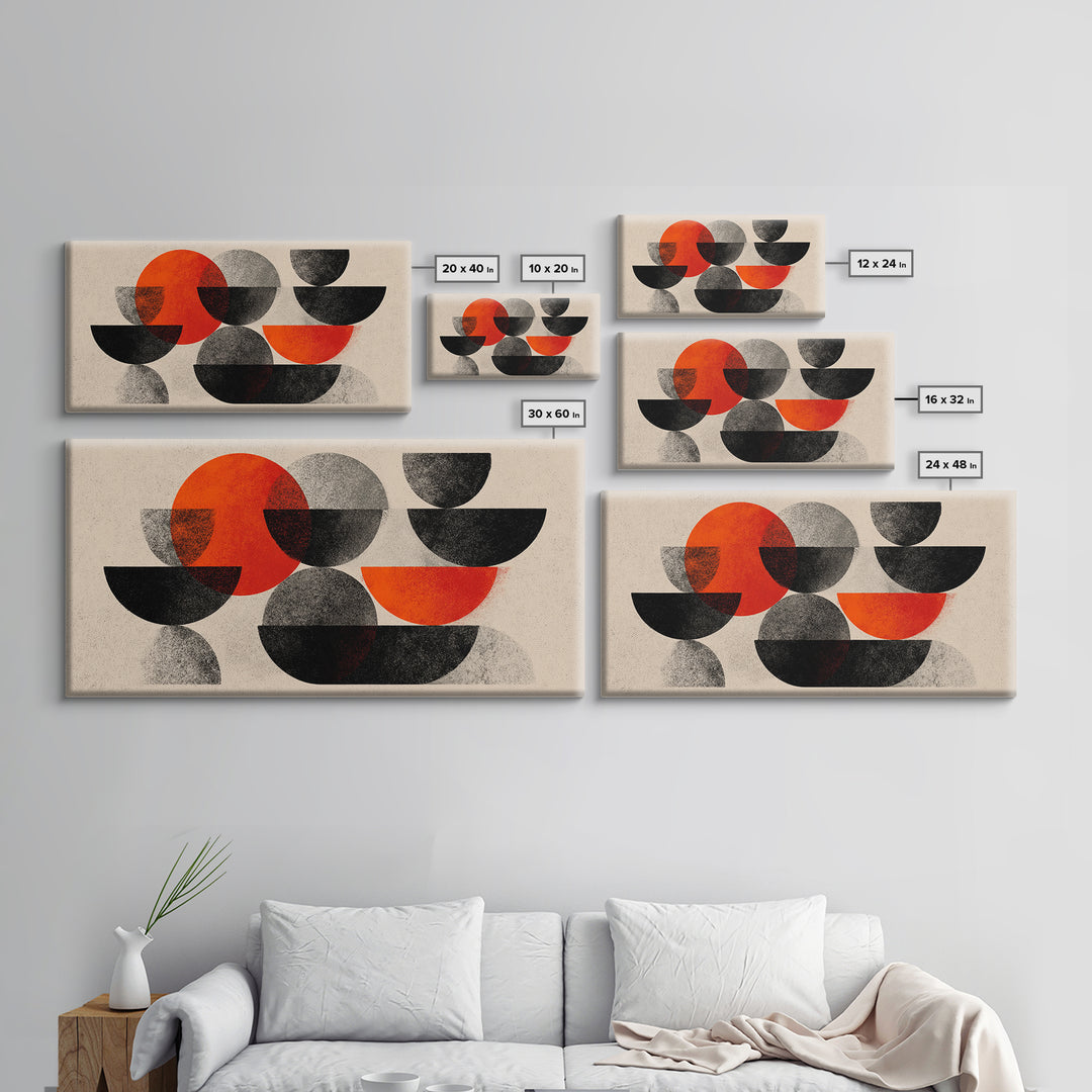 Red Black Gray Semi Circle Abstract Canvas Print, Mid Century Modern Wall Decor, Bauhaus Geometric Art For Office And Living Room