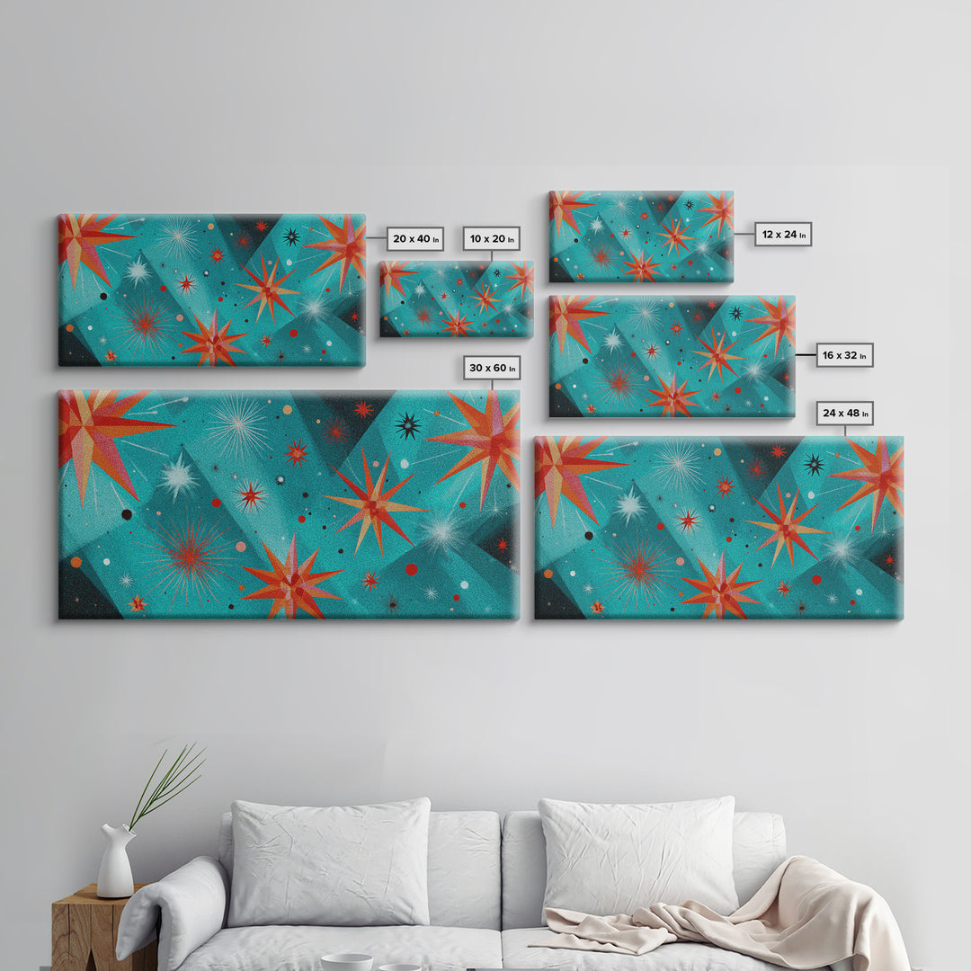Turquoise Atomic Starburst Wall Art, Mid Century Modern Decor, Retro 50s Space Abstract Print For Living Room And Office