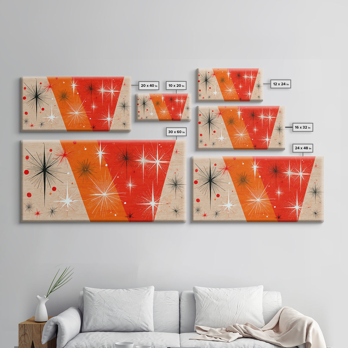 Orange Atomic Starburst Framed Canvas Print, Mid Century Modern Wall Decor, Retro Geometric Abstract Art For Bedroom Or Office