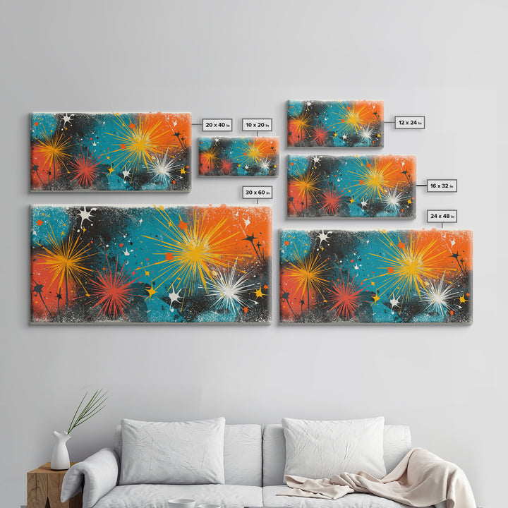 Teal Orange Splatter Starburst Wall Art, Atomic Mid Century Modern Decor, Retro Abstract Print For Living Room Or Office Decor