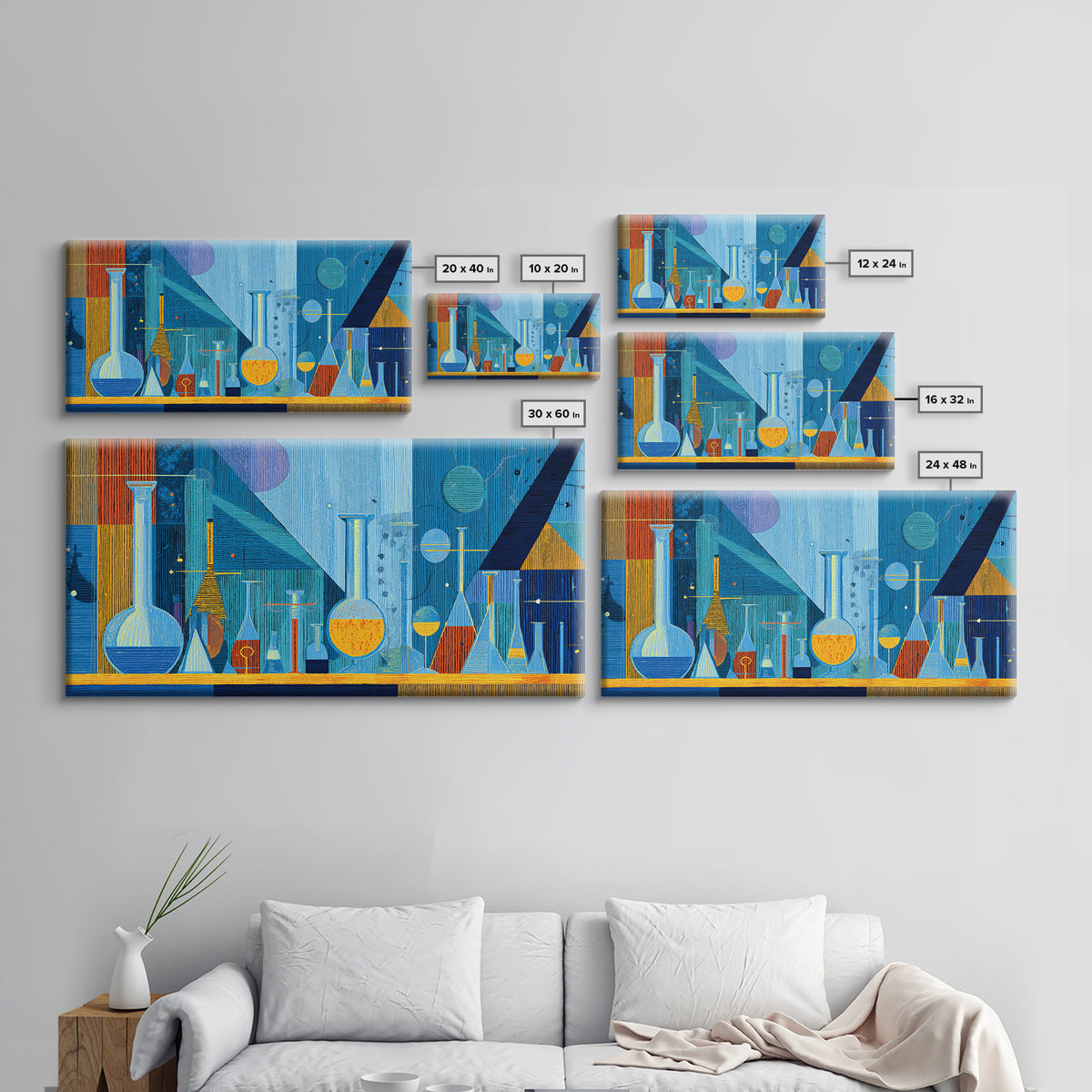 Blue Glass Chemistry Still Life Wall Art, Mid Century Modern Decor, Retro Science Canvas Print For Office Studio Or Kitchen