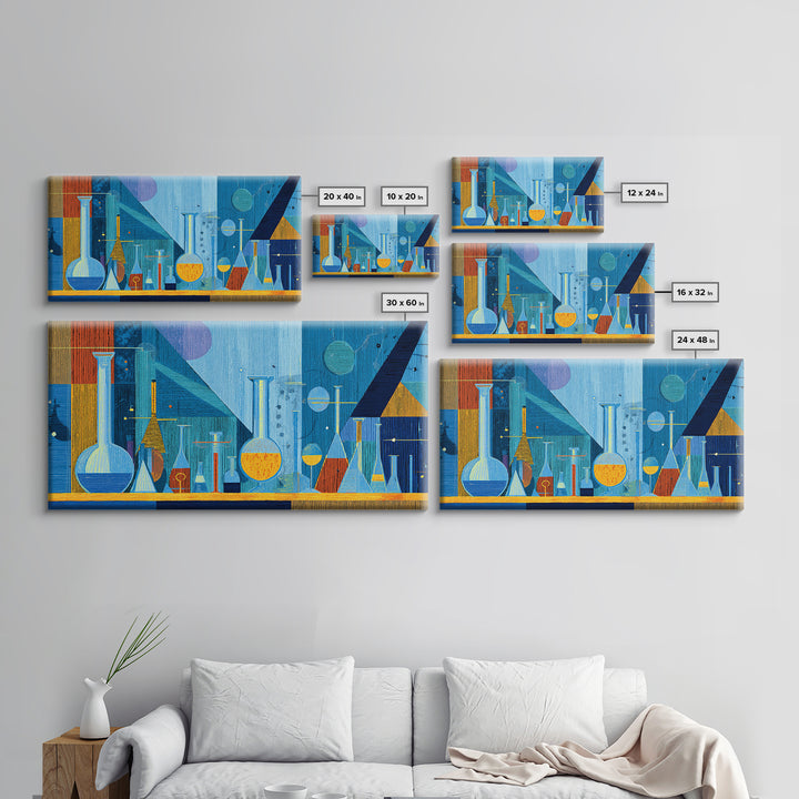 Blue Glass Chemistry Still Life Wall Art, Mid Century Modern Decor, Retro Science Canvas Print For Office Studio Or Kitchen