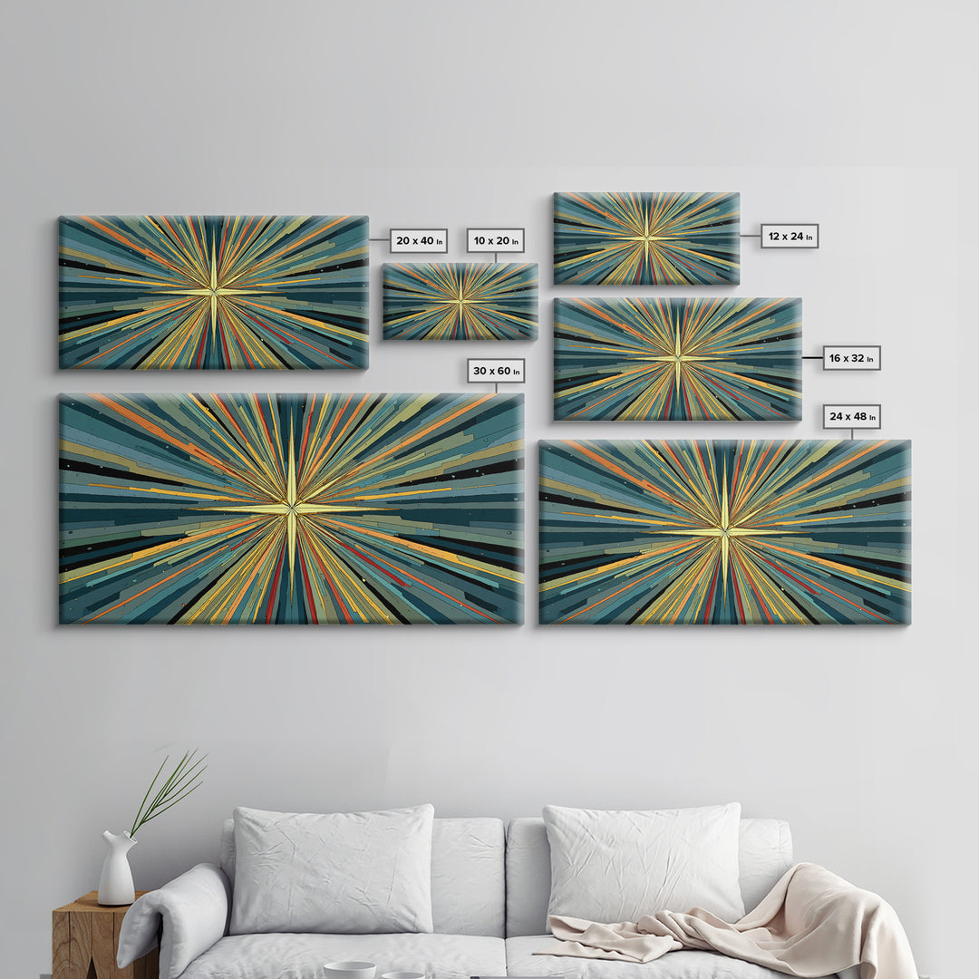 Teal Orange Atomic Starburst Wall Art, Midcentury Modern Abstract Print, Retro Geometric MCM Artwork For Living Room Decor
