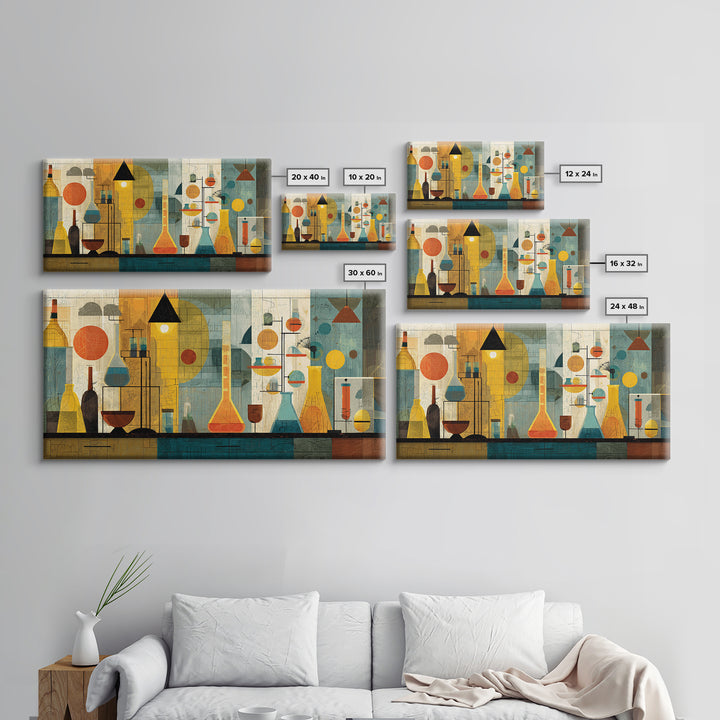 Yellow Teal Laboratory Still Life Framed Canvas Print, Mid Century Modern Wall Decor, Retro Science Art For Home Office Decor