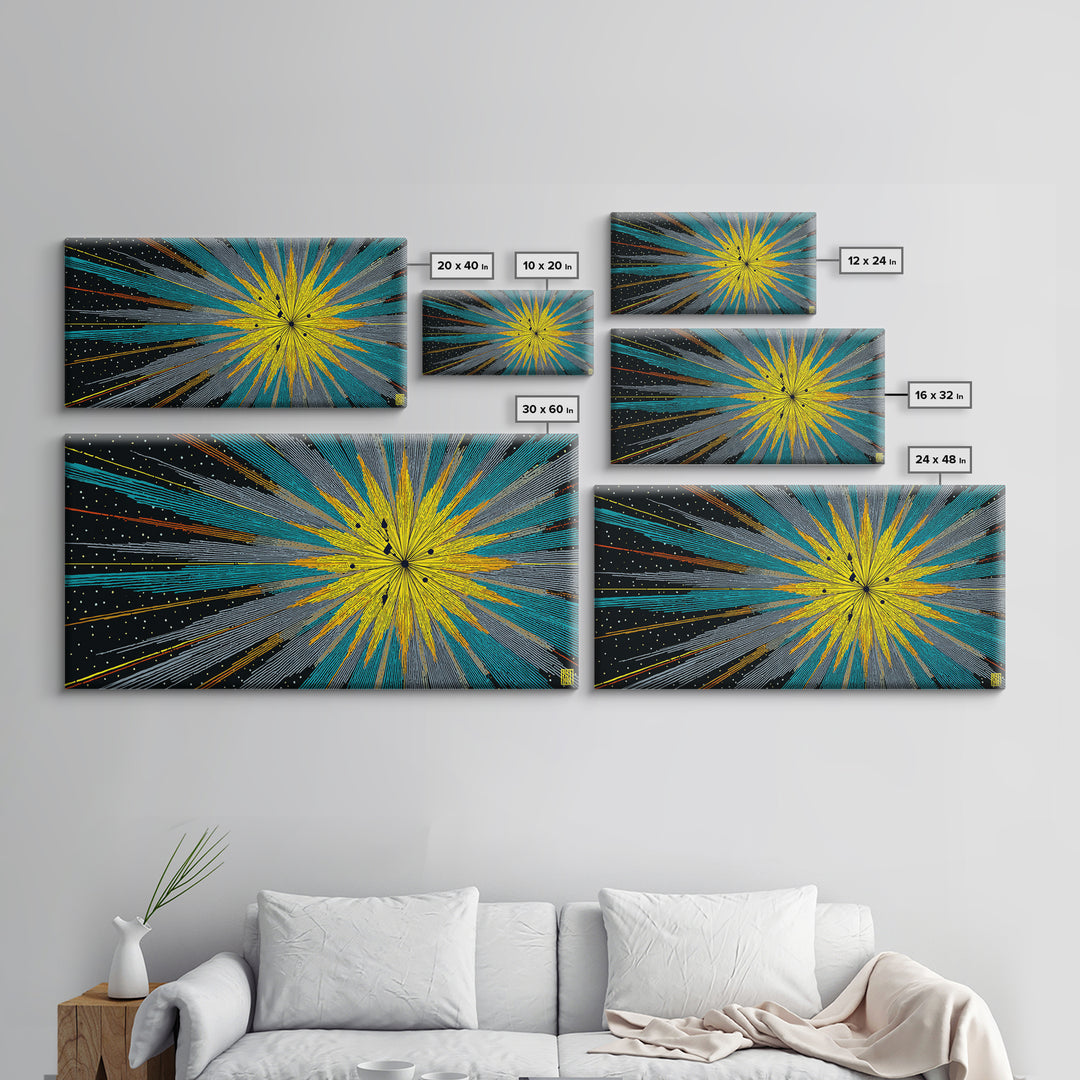 Yellow Teal Cosmic Starburst Canvas Print, Midcentury Modern Space Abstract Wall Art, Atomic Retro MCM Home Decor For Office Decor