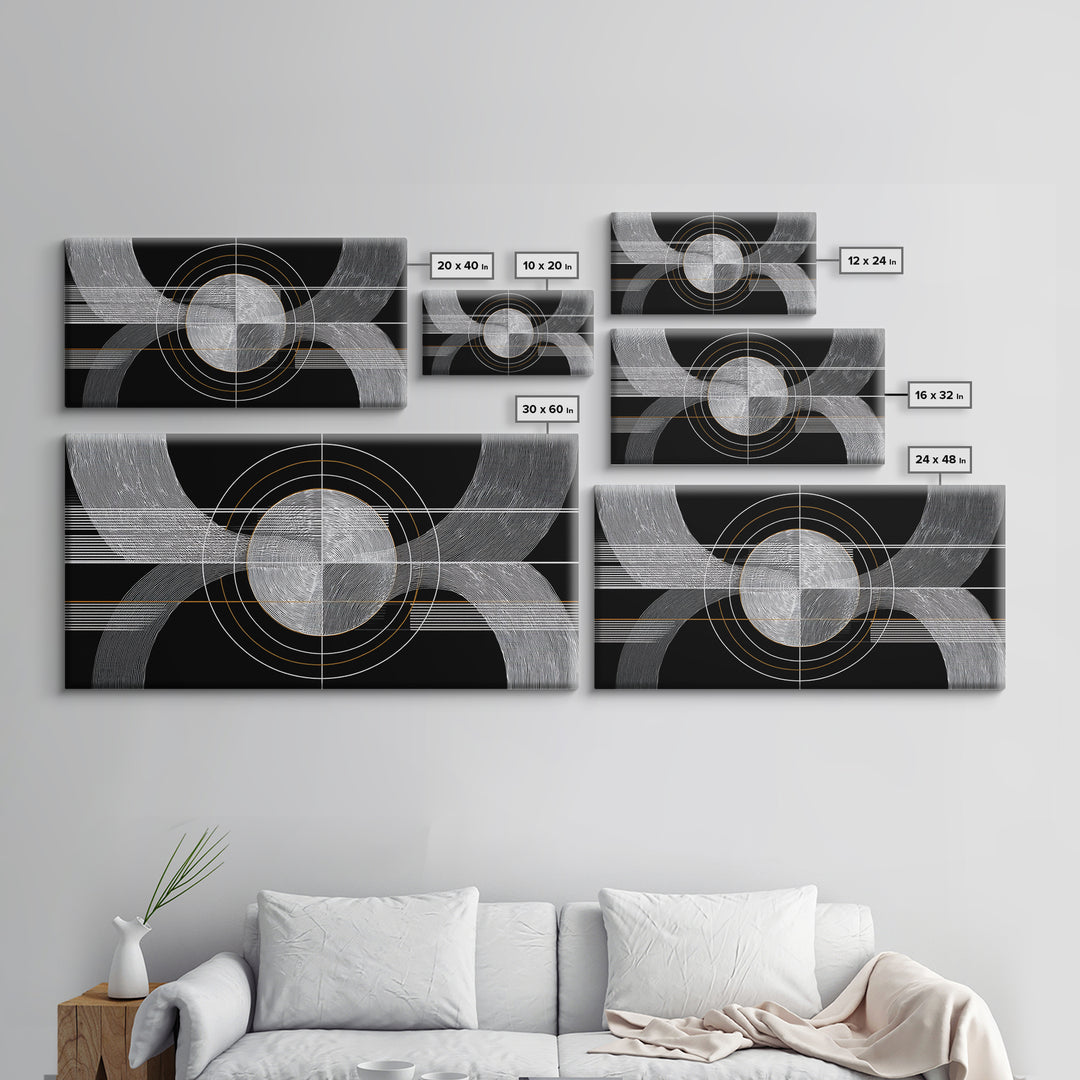 Black White Orbital Waves Framed Canvas Print, Midcentury Modern Wall Art, Geometric Abstract Poster, MCM Home Decor, Gold Accent