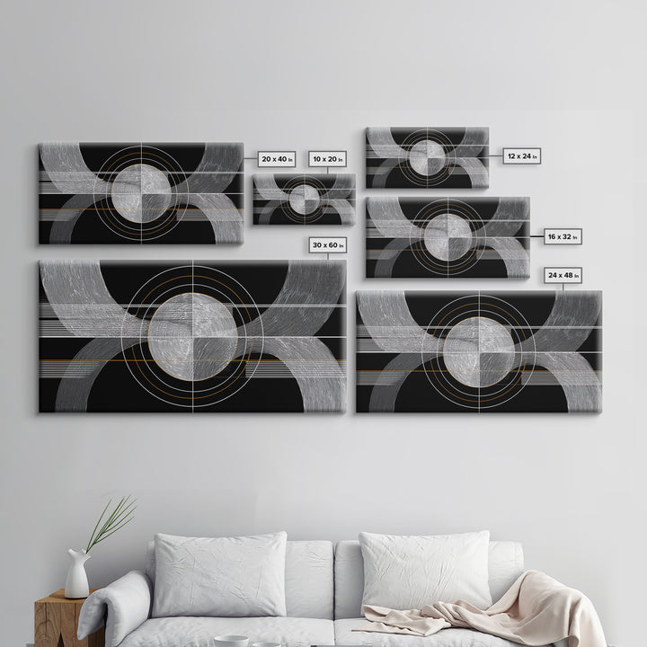 Black White Orbital Waves Framed Canvas Print, Midcentury Modern Wall Art, Geometric Abstract Poster, MCM Home Decor, Gold Accent