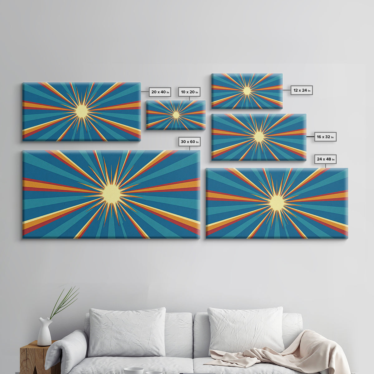 Retro Radiant Sunburst In Teal Blue Wall Art, Midcentury Modern Art, Atomic 60s Poster, Colorful Geometric Wall Decor Print