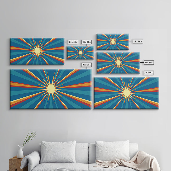 Retro Radiant Sunburst In Teal Blue Wall Art, Midcentury Modern Art, Atomic 60s Poster, Colorful Geometric Wall Decor Print